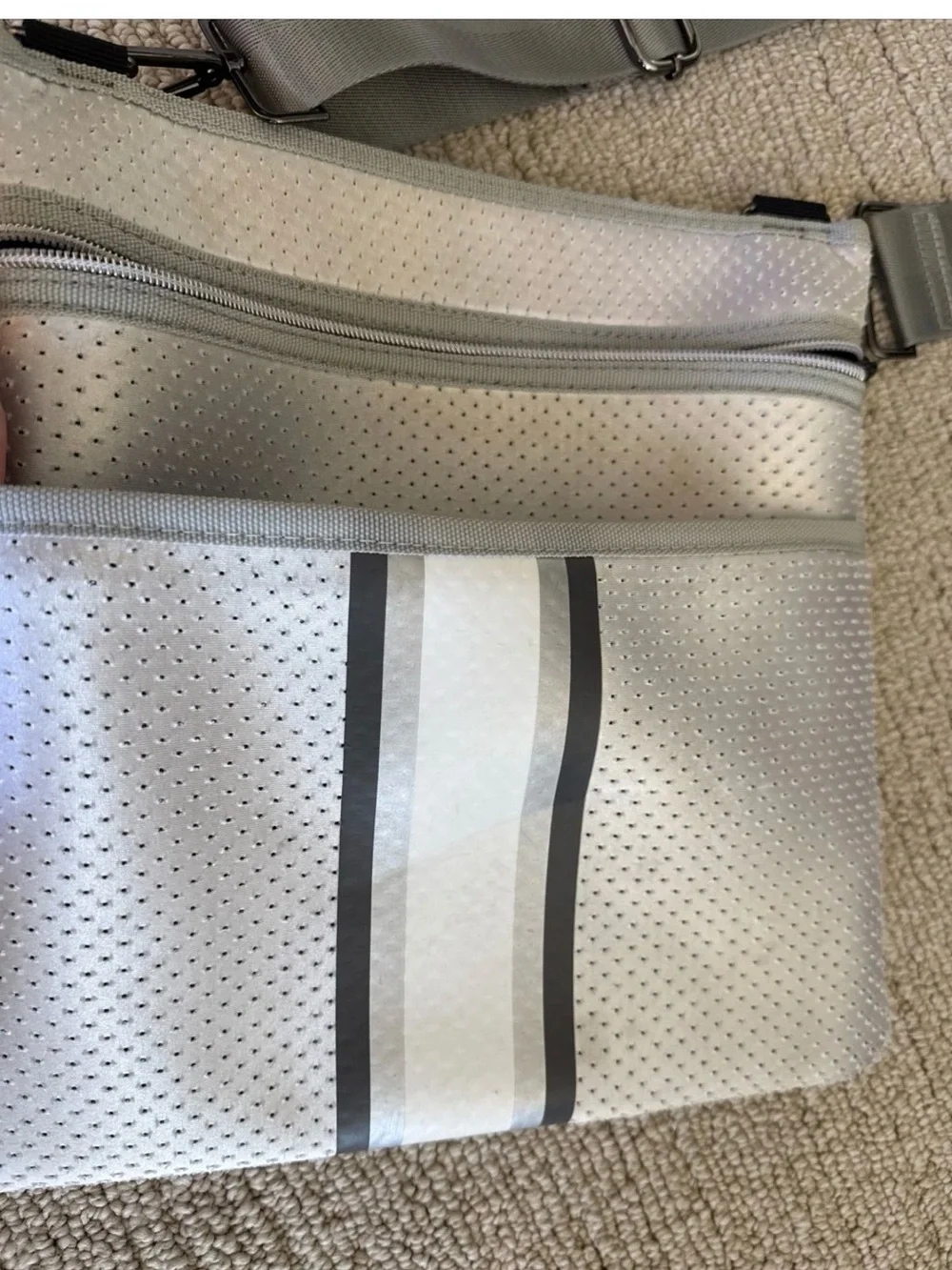 HAUTE SHORE Silver Crossbody with Gray Stripe Detail